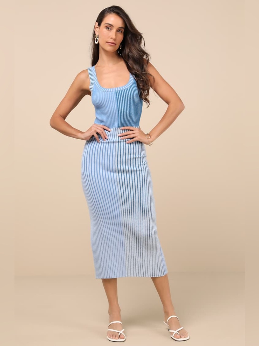 LULUS Radiant Personality Blue Color Block Ribbed Knit Midi Dress in sz XS NWT